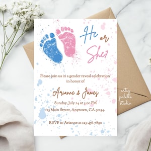 Editable Gender Reveal Footprints Baby Shower Invitation He or She Pink Blue Footprints Baby Shower Minimalist Social Media Invitation