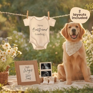 Pode incluir: Um golden retriever está sentado perto de artigos para bebés numa manta de piquenique. Um body com "New Bestfriend Loading..." está pendurado num varal. Uma placa emoldurada diz "Tail Wags Tiny Toes". Imagens de ultrassom e botinhas de bebé também estão presentes.
