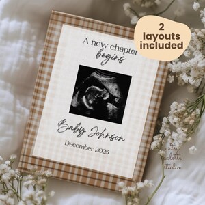 Modèle de faire-part de grossesse minimaliste Carte simple Les réseaux sociaux pour bébés révèlent un faire-part de bébé neutre numérique Un nouveau chapitre commence