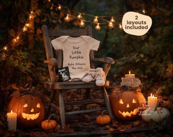Halloween Pregnancy Announcement Digital Template Spooky Little Pumpkin Baby Announcement Forest Social Media Fall Baby Reveal October