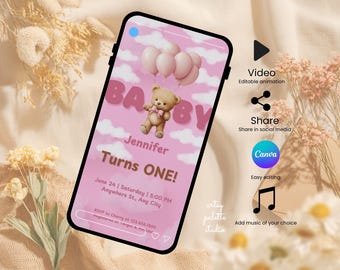 1st Birthday Animated Invitation Pink Bear and Balloons Mobile Video Invitation Editable Electronic Baby Girl Birthday Invitation Template