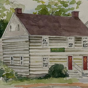 May include: Watercolor painting of a two-story building with a brown roof and a sign that reads "RENTALS". The building has a log cabin appearance with red doors and windows. Green foliage and trees surround the building.