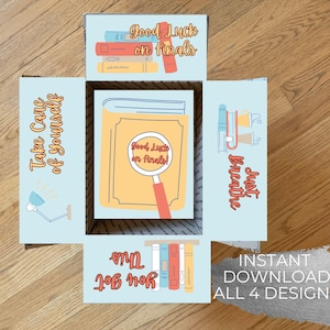 May include: Four printable gift tags with a book theme. The tags feature a book, a lamp, a stack of books, and a magnifying glass. The text on the tags reads "Take Care of Yourself", "Good Luck on Finals", "Just Breathe", and "You Got This".