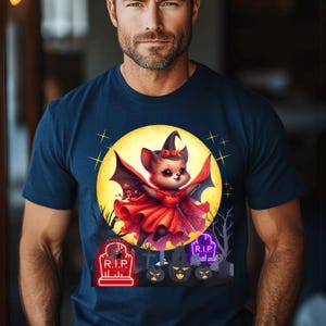 Cute Bat Witch Sublimation PNG, Halloween Baby Bat in Red Dress Clipart, Full Moon Graveyard Digital Download for Shirts, Mugs, and Crafts