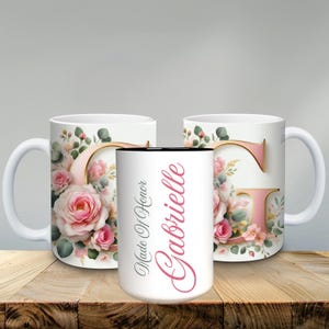 Personalized Floral Initial Mug, Custom Name Mug Gift, Bridesmaid Maid of Honor Cup, Elegant Rose Coffee Mug, Monogram Mug Gift
