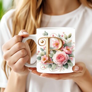 Personalized Floral Monogram Mug – Custom Name Coffee Cup, Elegant Bridesmaid Gift, Initial Mug with Roses, Wedding Party Favor