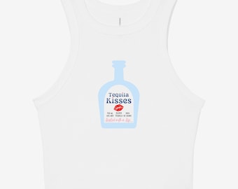 Tequila Kisses Bella + Débardeur en toile avec bouteille bleu clair et motif baiser rouge, tenue décontractée confortable pour les amateurs de tequila, cadeau parfait pour elle