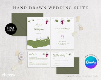 Hand Drawn Vineyard Wedding Invitation Suite - Wine Wedding Invitation