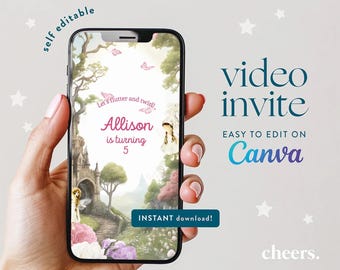 Fairy Garden SELF EDITABLE Video Invitation - Canva template - Fairies Birthday invitation