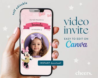 Editable Minnie Mouse Birthday Invitation Video Canva Template, Magical Pink Party Invite, Digital Invitation