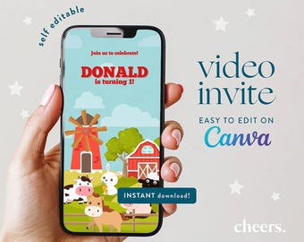 Boerderij ZELFBEWERKBARE video-uitnodiging - Canva-sjabloon - Boerderijverjaardagsuitnodiging