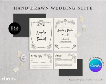 Hand Drawn Floral Wedding Invitation Suite - Minimal Floral Wedding Invitation