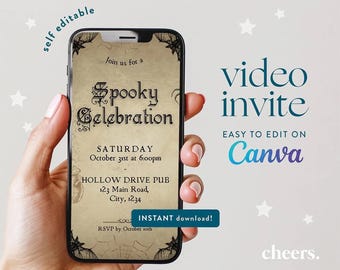 Invito video auto-modificabile per Halloween vintage - Modello Canva - Invito alla festa di Halloween