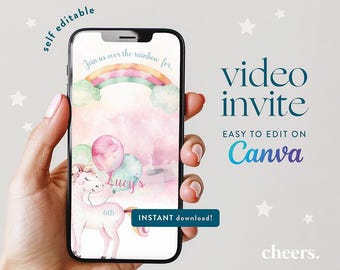 Unicorns SELF EDITABLE Video Invitation - Canvas Template Unicorn Birthday Invitation