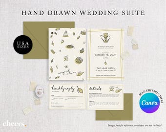 Hand Drawn Italian Wedding Invitation Suite - Destination Italy Wedding Invitation