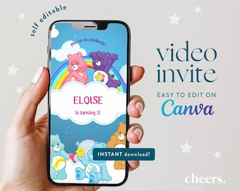 Care Bears SELF EDITABLE Video Invitation - Canva template - Care Bears Party Invite