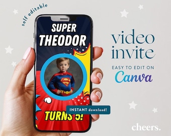 Superhero Comic SELF EDITABLE Video Invitation - Canva template - Super Hero Man Birthday invite