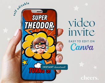Superheros Comic SELF EDITABLE Video Invitation - Canva template - Superhero Birthday invite