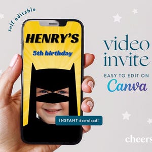 スーパーヒーローの自分で編集できるビデオ招待状 - Canva テンプレート - スーパーヒーローの誕生日招待状