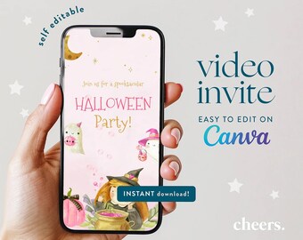 Pink Halloween SELF EDITABLE Video Invitation - Canva Template - Halloween Party invite