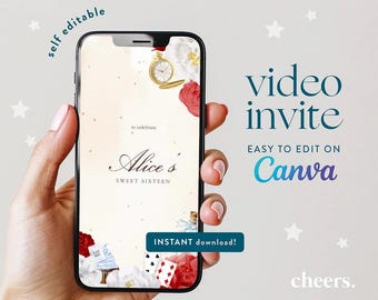 Editable Alice in Wonderland Birthday Invitation Video Canva Template, Tea Party Invite, Whimsical Digital Invitation