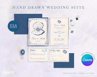 Hand Drawn Beach Wedding Editable Invitation Suite - Beach Wedding Modern Invitation