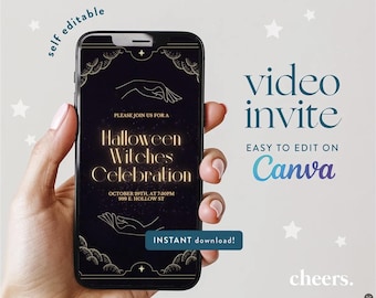 Witches Halloween SELF EDITABLE Video Invitation - Canva Template - Witch Halloween Party invite