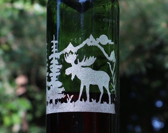 NEW ETCHED Moose in front of Pine trees and Mountains Recycled Wine bottle Hummingbird or Bird feeder