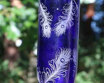 NEW ETCHED Peacock feather Recycled Wine bottle Hummingbird or Bird  feeder