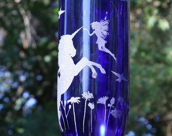 NEW ETCHED Unicorn and Fairy Garden with hummingbirds Recycled Wine bottle Hummingbird or bird feeder