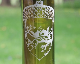 NEW ETCHED Squirrel Acorn Love Nest Recycled Wine bottle Hummingbird or Bird feeder