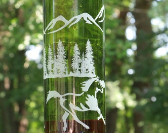 NEW ETCHED Horse and Mountians Recycled Wine bottle Hummingbird or Bird feeder