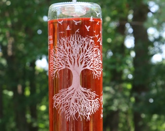 NEW ETCHED Tree of Life Recycled Wine bottle Hummingbird or Bird feeder