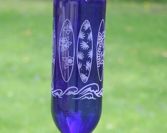 NEW ETCHED Surf's Up Recycled Wine bottle Hummingbird or Bird feeder