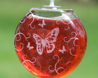 Etched Butterfly with flourish window or garden bottle Hummingbird feeder