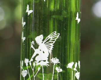 NEW ETCHED Fairy Garden with butterflies Recycled Wine bottle Hummingbird or Bird feeder