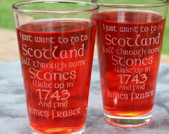 Go to Scotland Outlander inspired Etched Pub beer Glasses set of 2 or single