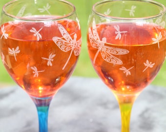 Blue, Yellow or Purple, or  Red stemmed Dragonfly Frosted or Etched Wine Glasses Set Of 2