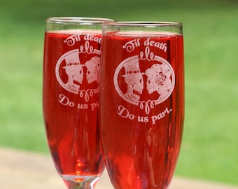 His and her Skull Till Death Do Us Part champagne glasses sets of  2 Goth Wedding