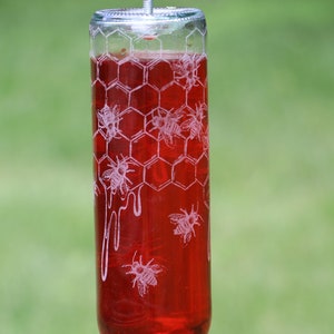 NEW ETCHED Honey Bee  Recycled Wine bottle Bee or Hummingbird or bird feeder