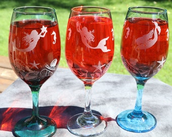 3 Mermaids and shells Etched Wine or Pub Glasses Set Of 2 Multiple colors and styles  available