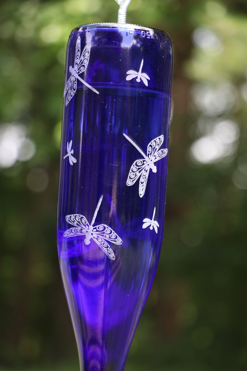 NEW ETCHED Dragonflies Recycled Wine bottle Hummingbird feeder in Clear, Blue or Green image 3
