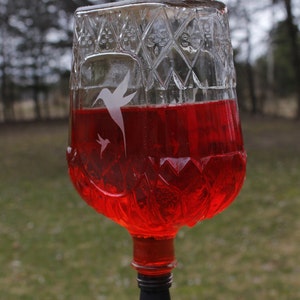 May include: A clear glass hummingbird feeder with a diamond-cut textured pattern filled with bright red liquid. The feeder features a white etched silhouette of two hummingbirds, a metal eye bolt at the top, and a curved feeding tube with a red tip.