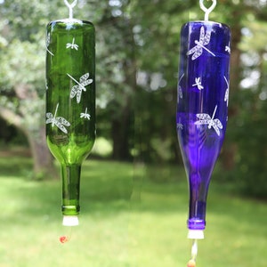 NEW ETCHED Dragonflies Recycled Wine bottle Hummingbird feeder in Clear, Blue or Green image 1