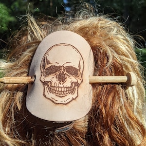 Skull Vegetable tanned Natural Leather Hair cuff with stick, barrette, hair accessory