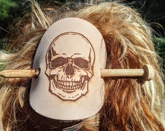 Skull Vegetable tanned Natural Leather Hair cuff with stick, barrette, hair accessory