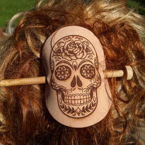 Sugar Skull, Day of the dead, Dia de los Muertos Natural Leather Hair cuff with stick, barrette, hair accessory