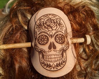 Sugar Skull, Day of the dead, Dia de los Muertos Natural Leather Hair cuff with stick, barrette, hair accessory