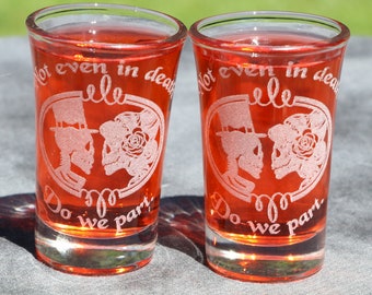 His and her Skull Not even in death do we part shot or dessert glasses sets of 8, 6, 4 or 2 Goth Wedding Halloween