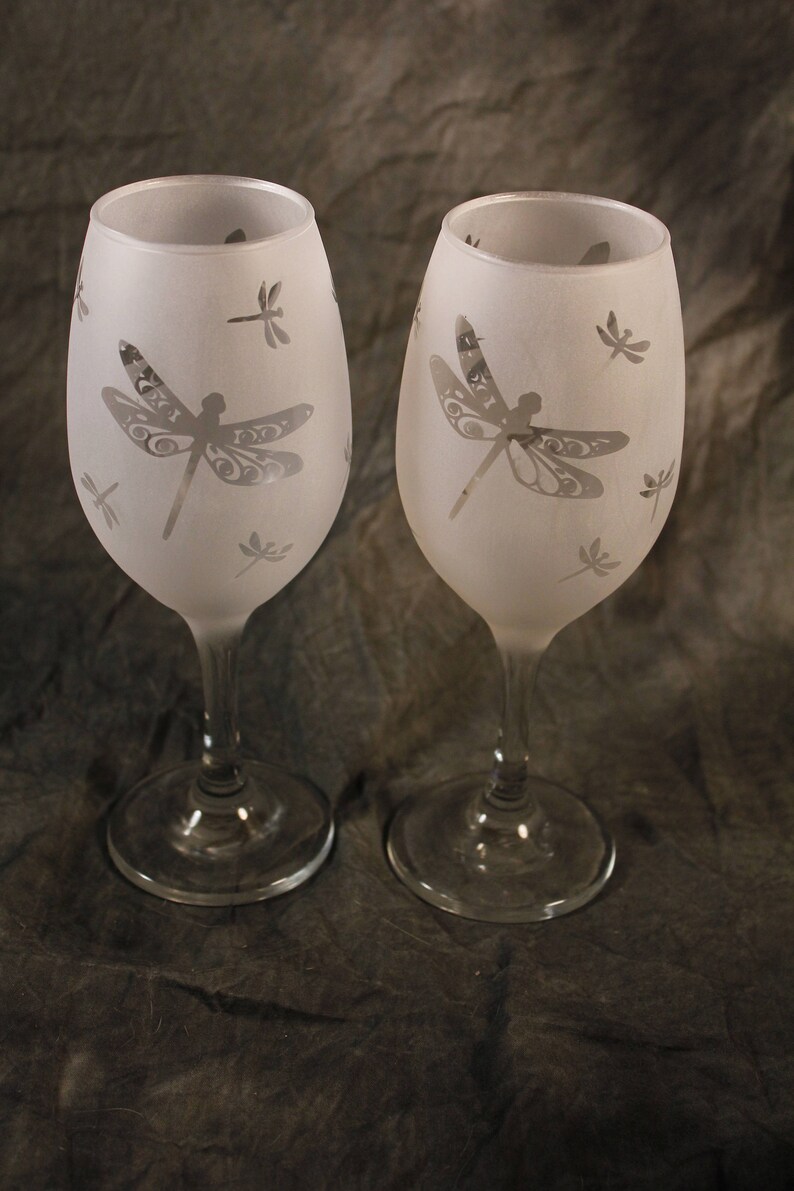 Aqua Blue or Clear Dragonfly Frosted or Etched Wine Glasses Etsy
